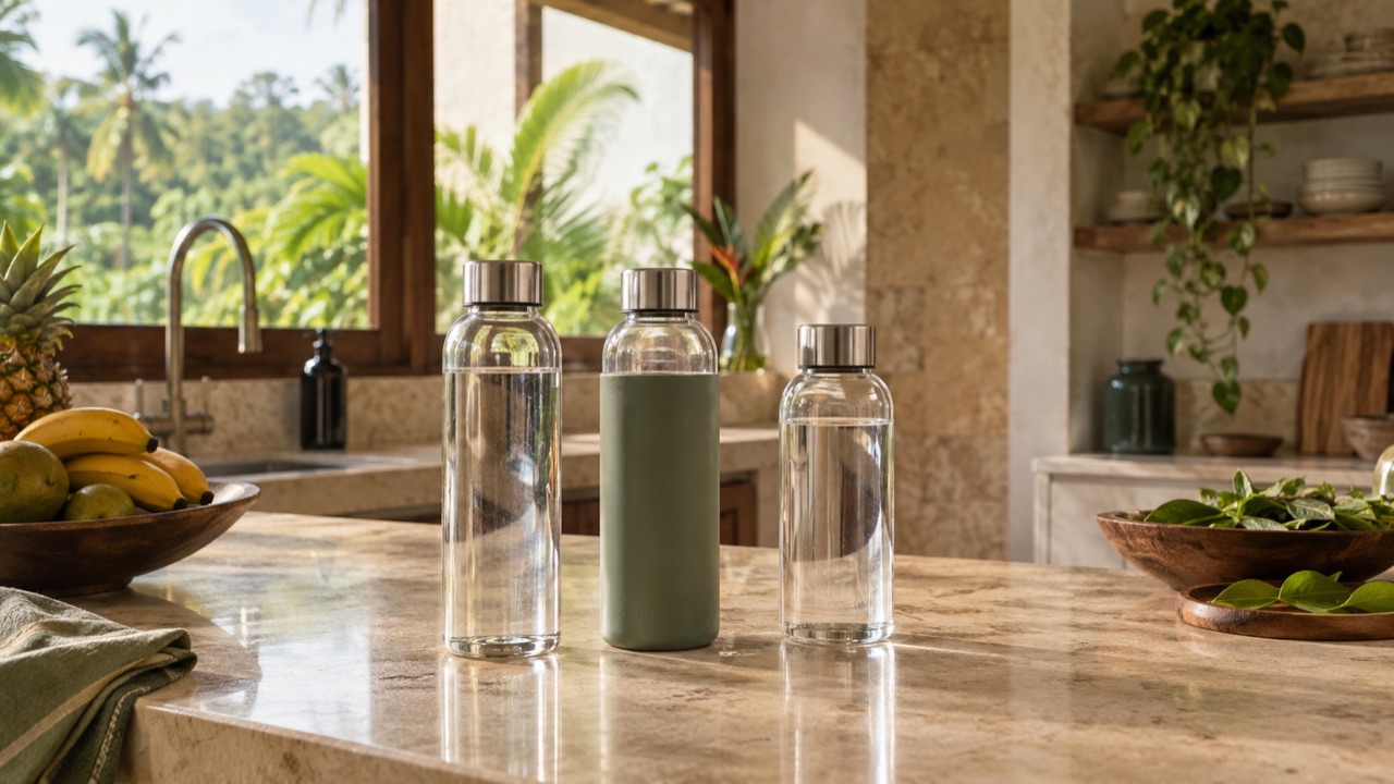 Three reusable glass water bottles on a kitchen counter